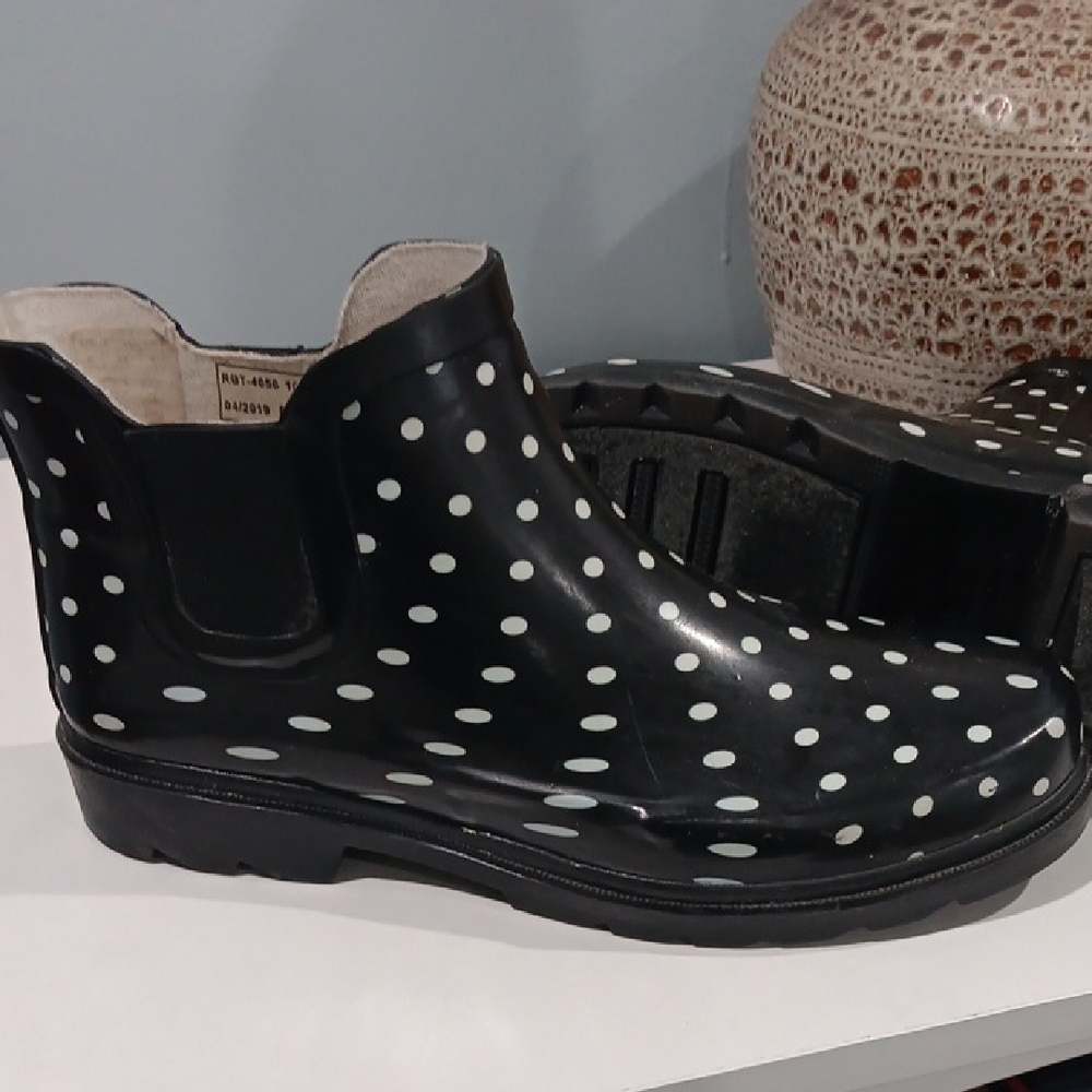 Black Polka Dot Rain Ankle Booties - Women's